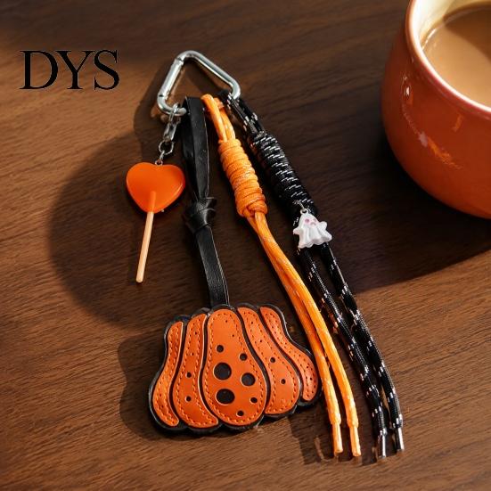 Halloween Pumpkin Bag Charm Faux Leather Keychain Pendant, with Holiday Theme Braided Rope, Decorative Accessory for Backpacks Handbags Purse