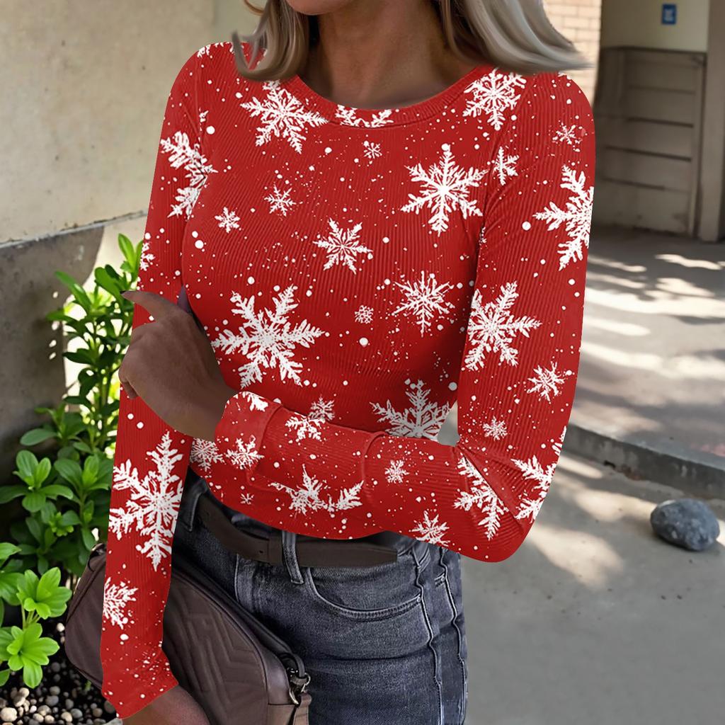 Women's Casual Long Sleeve Ribbed Neck Christmas Print Pullover Top