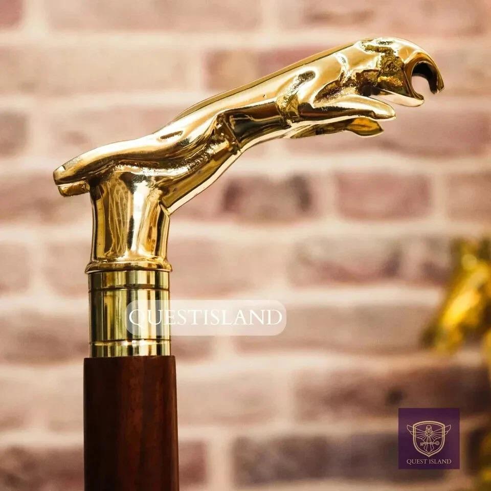 

Jaguar Handle Brass Wooden Victorian Foldable Cane Collectible Men