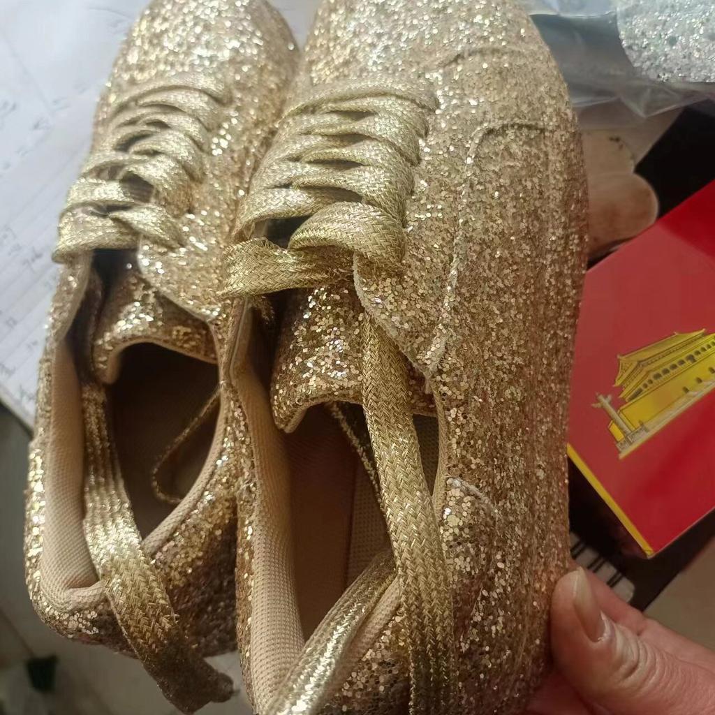 Large Size Sequined Casual Fashion Single Shoes Women'S Front Lace-Up Flat Bottom Round Head Bottom Top Sneakers Spot