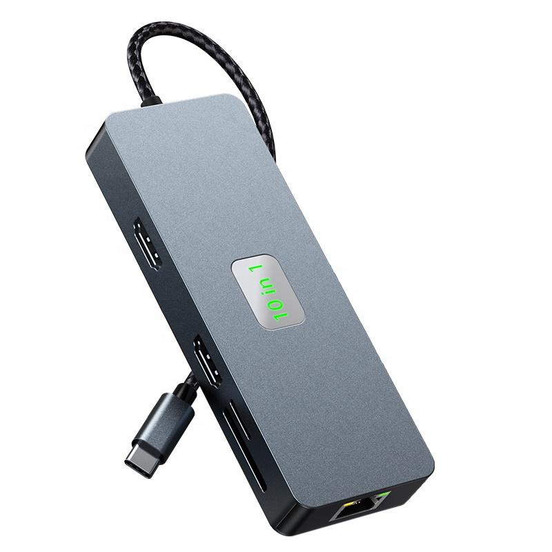 10 in 1 Dual HD 4K Hub Station Dock Type c Power Adapter PD Ethernet RJ45 1000Mbps Usb Hub