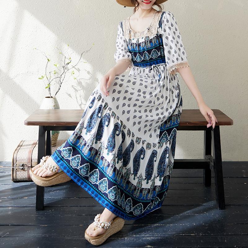 

Dimanaf 2025 Новое летнее женское платье больших размеров с принтом Свободное винтажное элегантное базовое повседневное длинное платье макси One Size синий