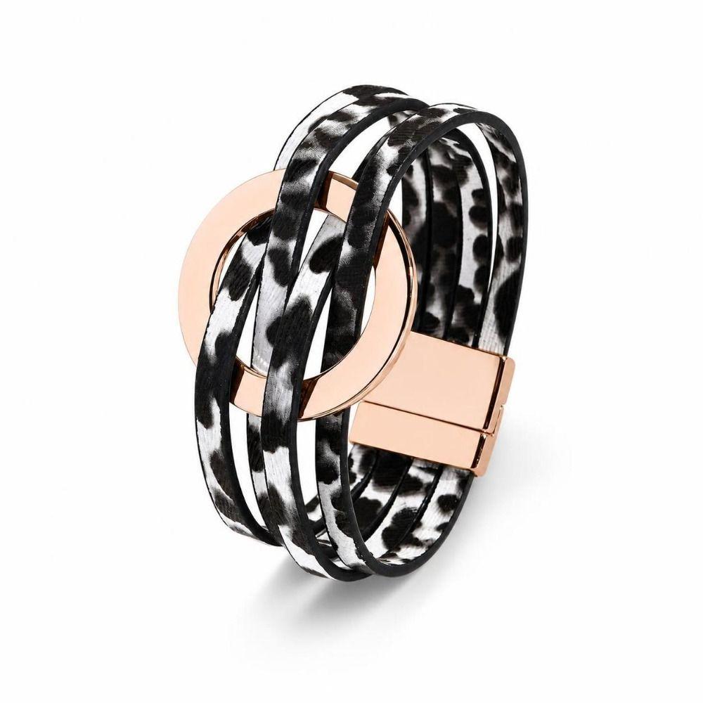 Wide Wrap Leopard Print Leather Bracelets Magnetic Snap Circle Cross Bracelet  for Women