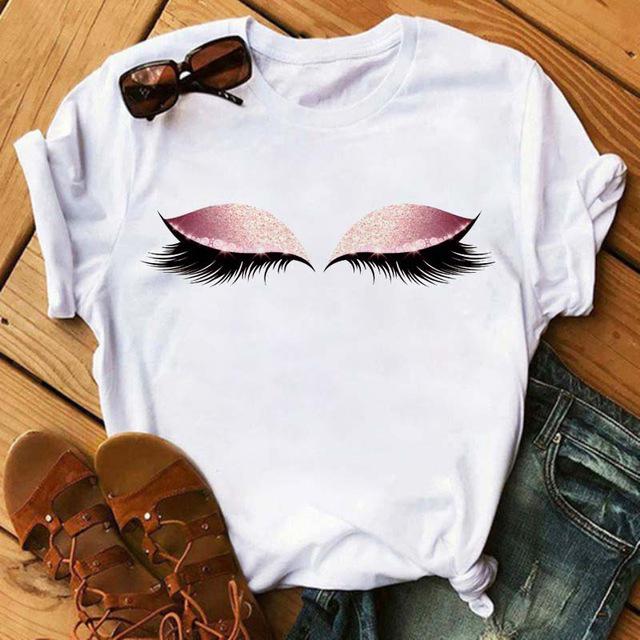 2025 Spring Women's Hand-painted Cartoon Eyelash T-shirt