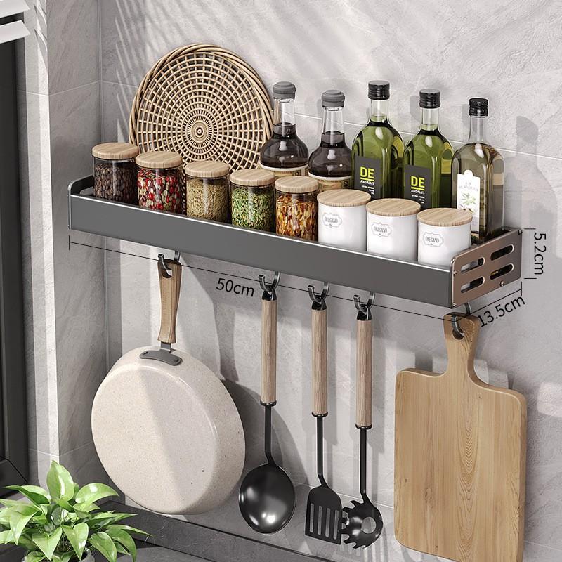 Wall Mount Utensil Holder Multifunctional Spice Organizer Shelf with Hooks Kitchen Hanging Storage Wall Shelf