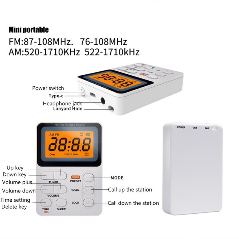 Pocket AM FM Radio Portable Reception Rechargeable Battery Digital Tuning Radio with Stereo Earphone Large LCD Screen