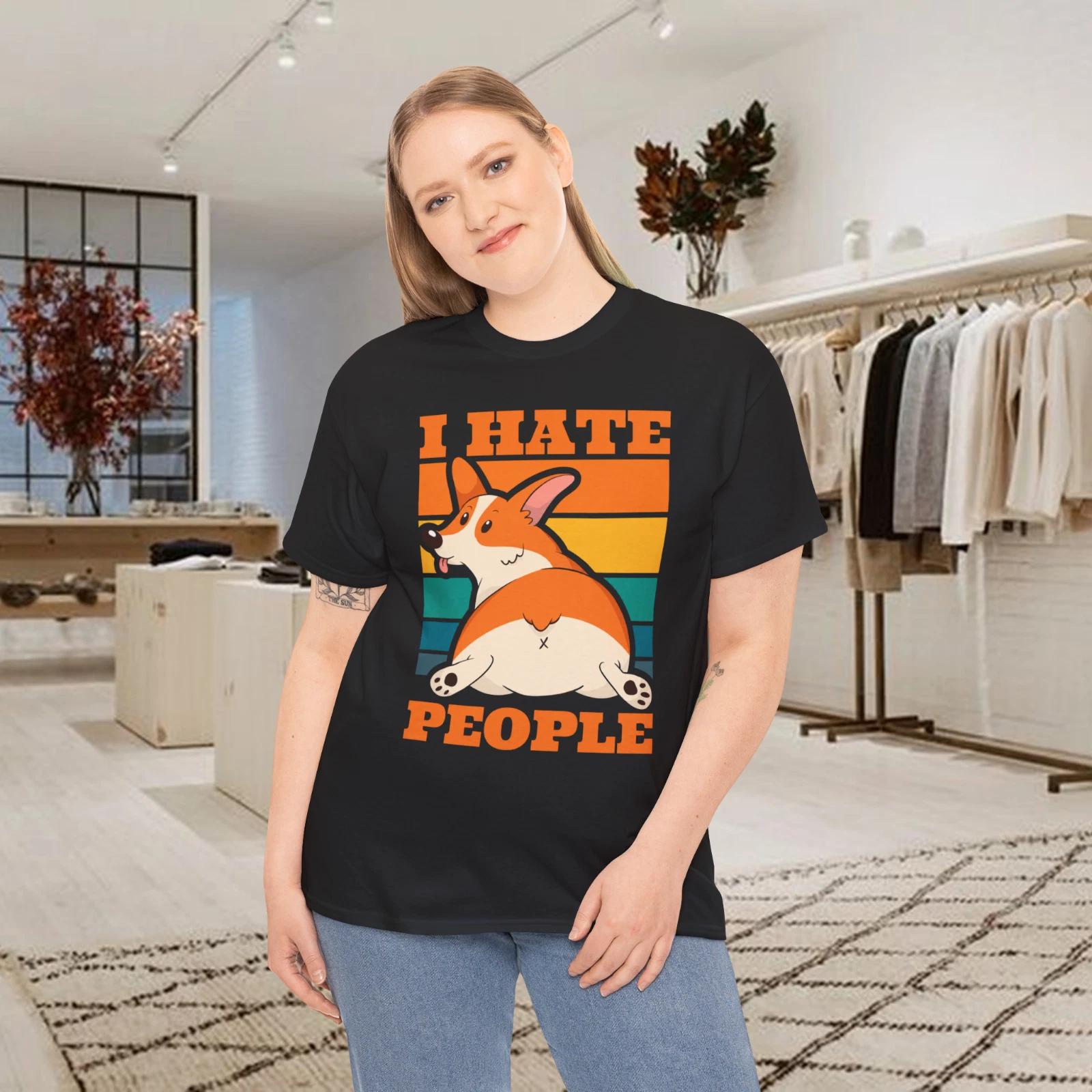 I Hate People Corgi Dog Funny Retro Graphic T-shirt 3XL