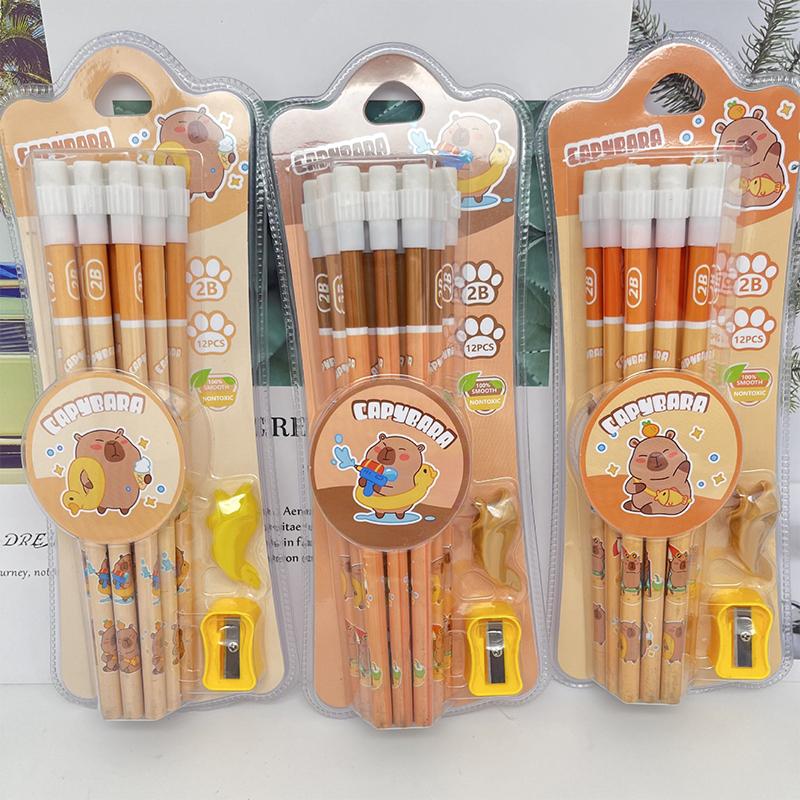 1Set Cartoon Cute Capybara Hb Pencils Pencil Sharpener Eraser Stationery Set Student Writing Drawing Hb Pencils Sketch Pens