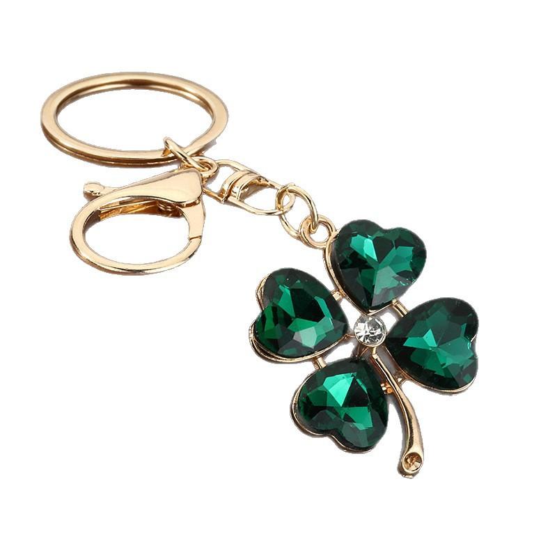 Luxury Rhinestone Four-Leaf Clover Keychain Green Leaf Fashion Keyring Bag Charm for Women Trendy Exquisite Gift