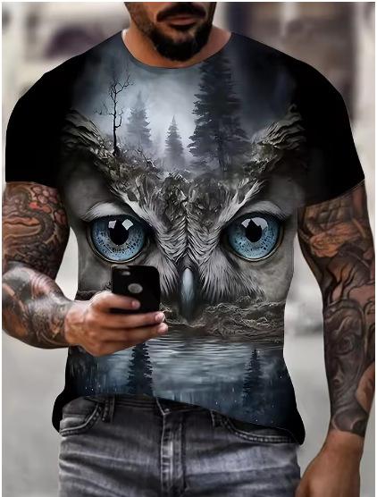 Novel Owl Pattern 3D Printed Crew Men's T-Shirt Summer Animal Oversized Shirt Men's Anime