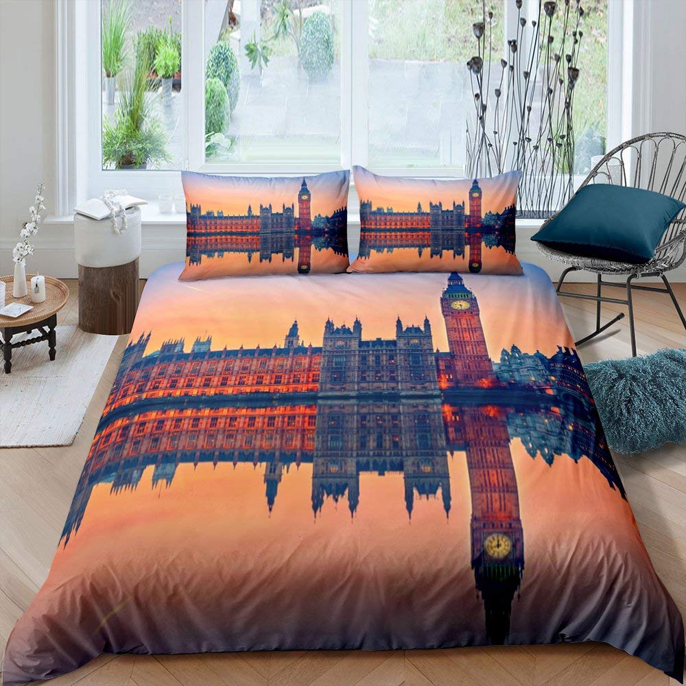 London Duvet Cover Set Queen Size Telephone Booth Big Ben Bus Print Bedding Set 3pcs,Modern City Quilt Cover with 2 Pillowcases