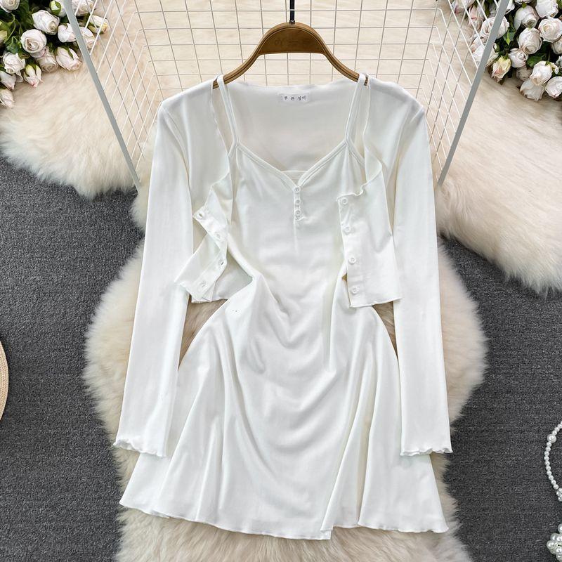 

Retro Long Sleeves Single-Breasted Sling Dress Cardigan White All yards