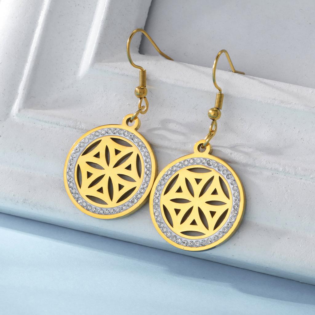 Seed of Life Chakra Flower Dangle Earrings Stainless Steel Gold Clear Zircon Round Earring Sacred Geometry Jewelry