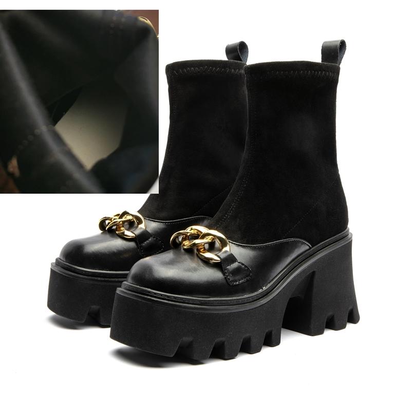 Fashion Women's High Heel Boots Large Size Fashion Stretch Platform Women's Short Boots Suede Leather Chain Women's Booties