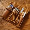Retro Cowhide Pencil Case Triple Folding Pen Holder, Roller Shutter Stationery Bag, Handmade Multi-functional Leather Pencil