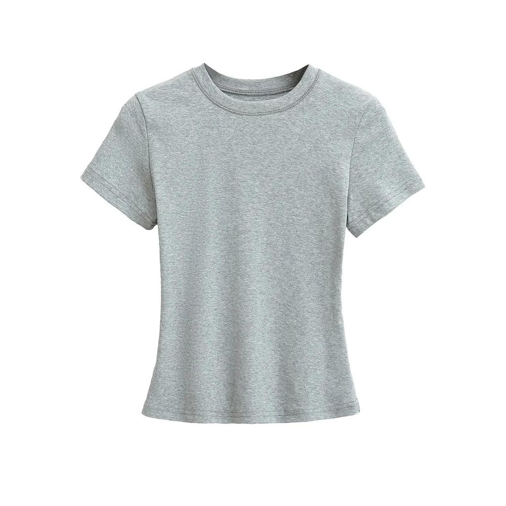 Retro Solid Color Slim Fit Crop Top with Round Neck & Short Sleeves