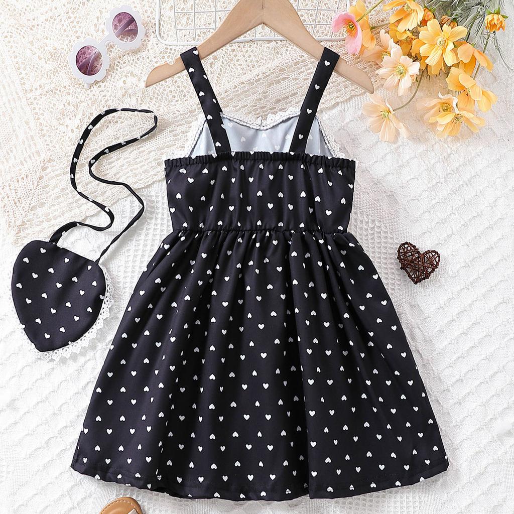 Dress For Girls 1-8Y Birthday Korean Style Fashion Lace Trim Heart Pattern Dress with Matching Bag