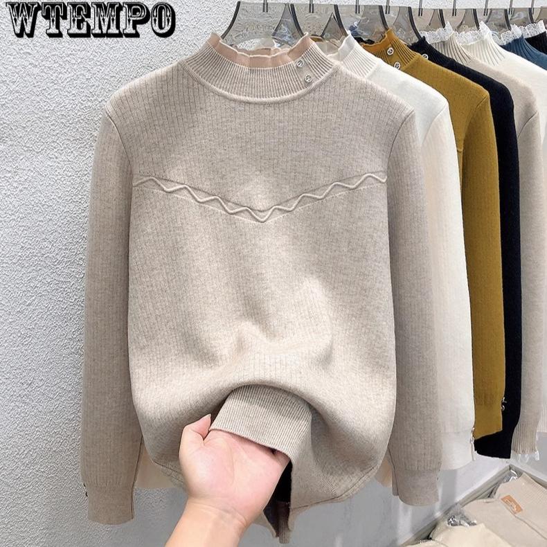 Women's Semi High Neck One-piece Velvet Pullover Sweater with Added Velvet Thickness Base Sweater Solid Color Casual Knit Sweater Autumn and Winter