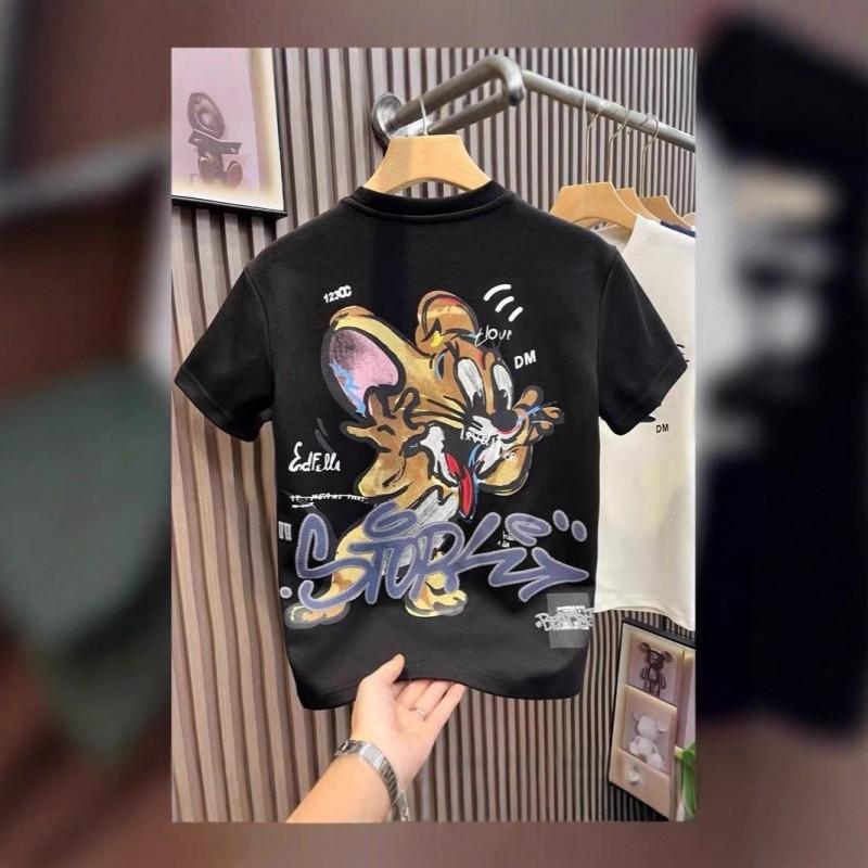 Mens Loose Fit Short Sleeve T-Shirt With Cartoon Embroidery Print Cotton Crew Neck Casual Top