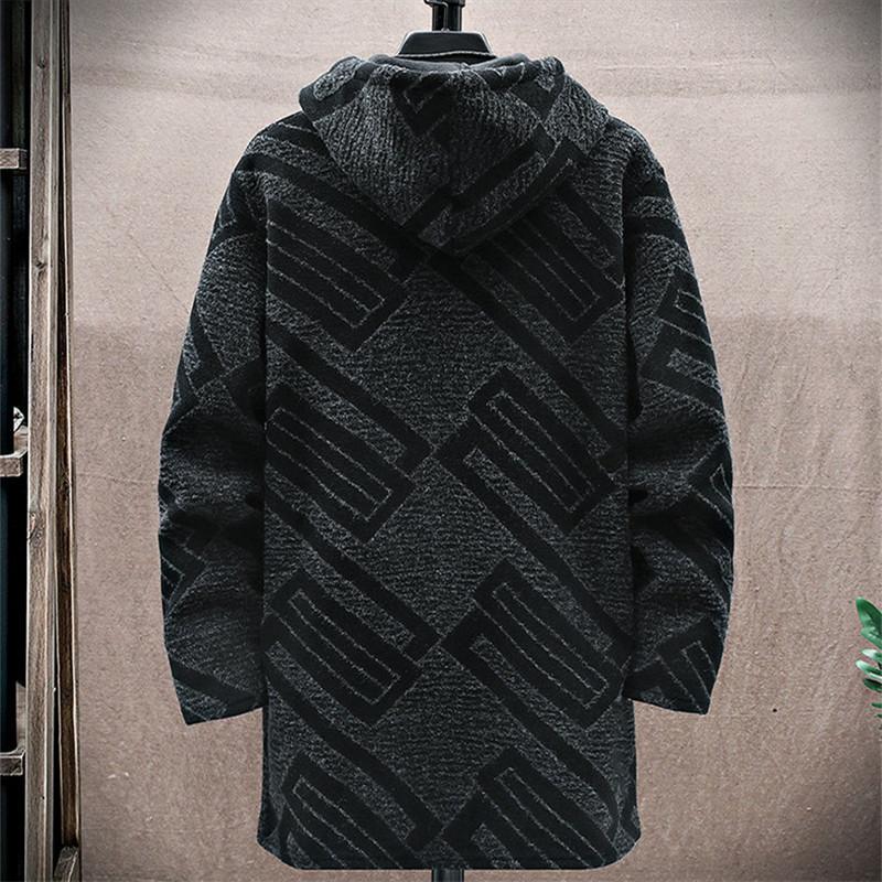 Autumn Winter Men's Fleece Mid Length Hooded Knit Cardigan Casual Knitwear Coat Thickened Warm Sweatercoat Men