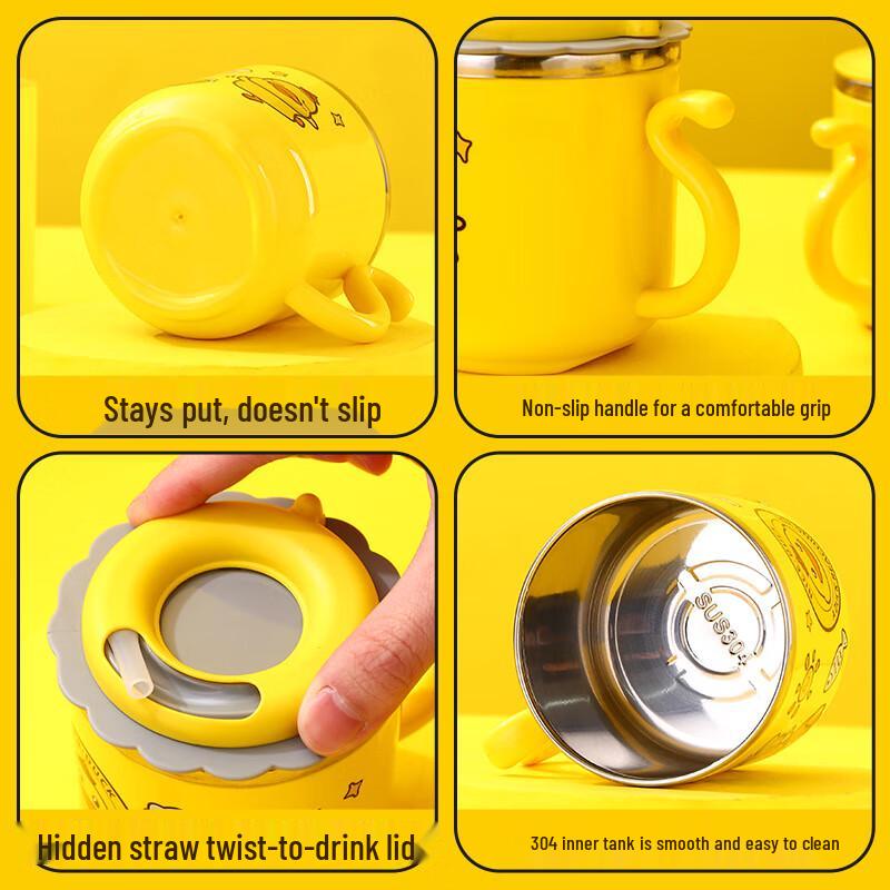 Bai Zi En Mała Żółta Kaczka Dziecięcy Kubek ze Stali Nierdzewnej ze Słomką