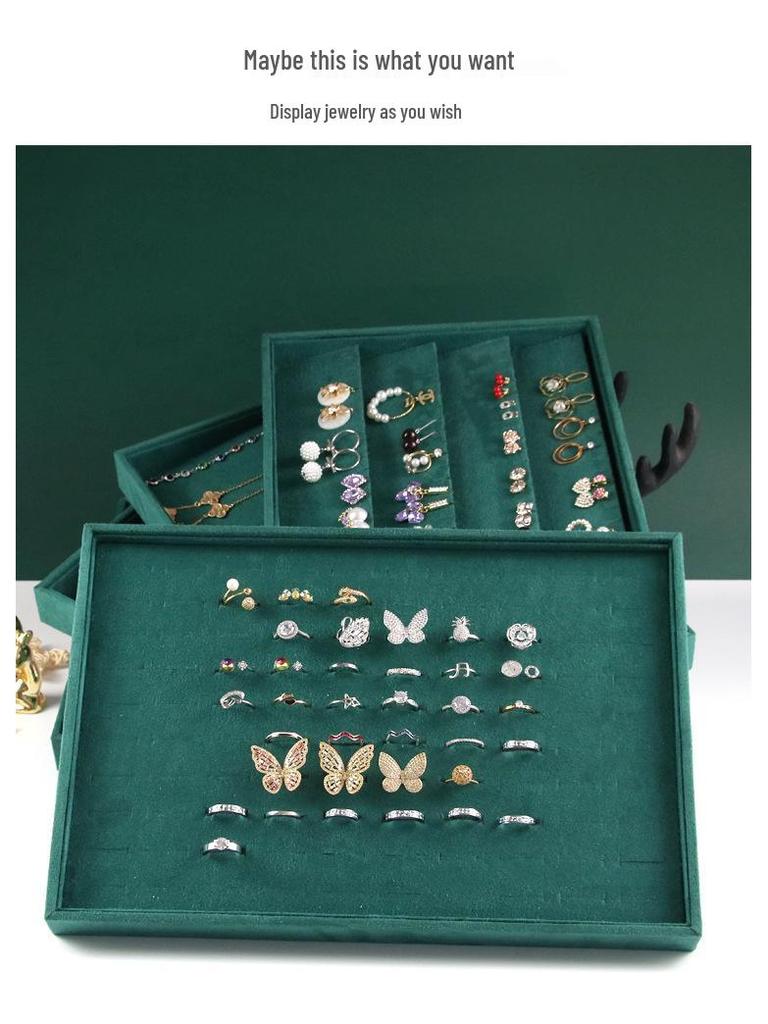 Velvet Dark Green Jewelry Display Tray for Rings, Necklaces, and Earrings