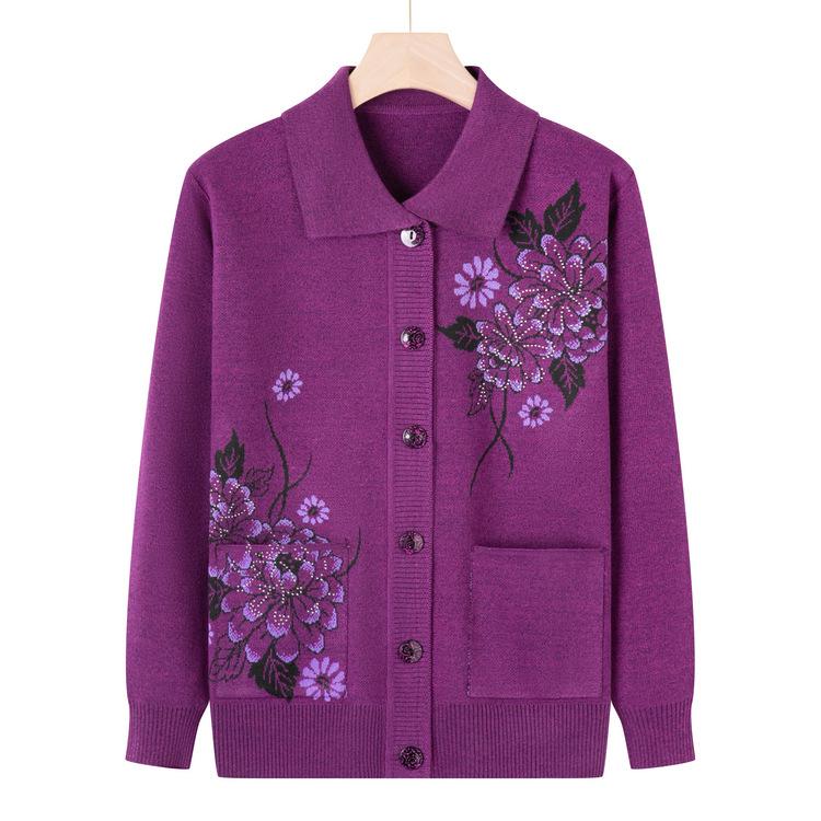 Middle-aged and Elderly Spring and Autumn Clothes Cardigan Sweater Female Mother Sweater Jacket Elderly Clothes Grandma Autumn Clothes Loose Top