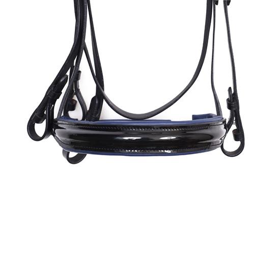 Patent Leather Dressage Bridle, 3 Row Brow-Band, Blue Padding.