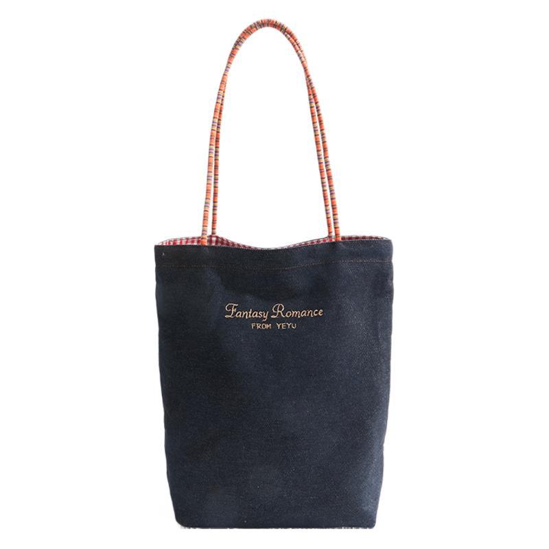Korean Version of Red Plaid Double-sided Denim Shoulder Bag Fashion Trend Large Capacity Portable Canvas Bag Retro Tote Bag