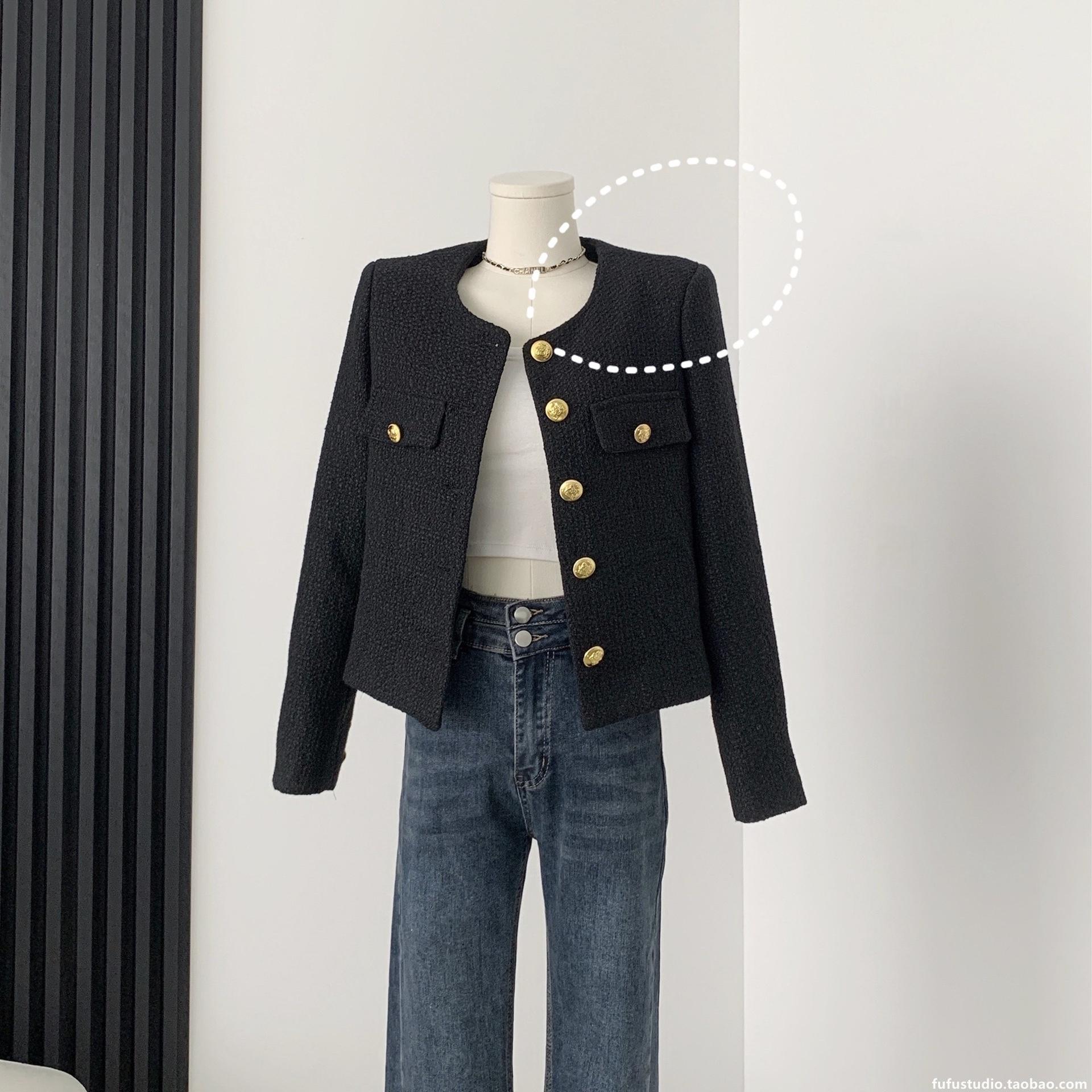 

Женская мода весна куртка с карманом-клапаном однобортный круглый вырез твид короткие пальто S чёрный