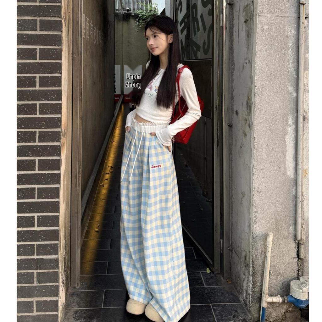 Dopamine Blue Women's High Waist Plaid Wide-Leg Trousers - Spring/Summer