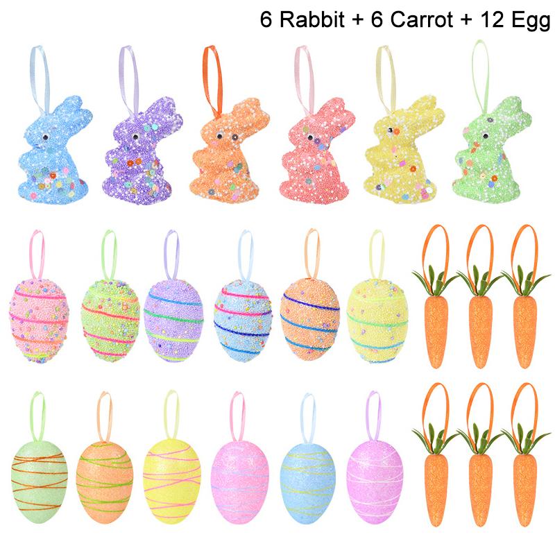 24/6pcs Painted Foam Easter Eggs Rabbit Hanging Ornaments Decoration for Home Easter Tree Pendants Basket Decor Kids Gift 2025
