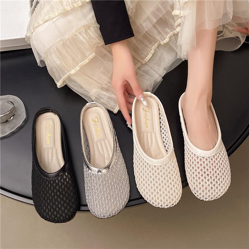 Mesh Half Slippers Women's Summer Wear In 2025 Baotou Hollow Flat Shoes Cover Feet Women's Casual Slippers