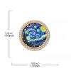 1Pcs Rhinestone Round Lapel Pin Famous Painting Brooches For Women The Starry Night And Farmer In Wheat Field Party Brooch Badge