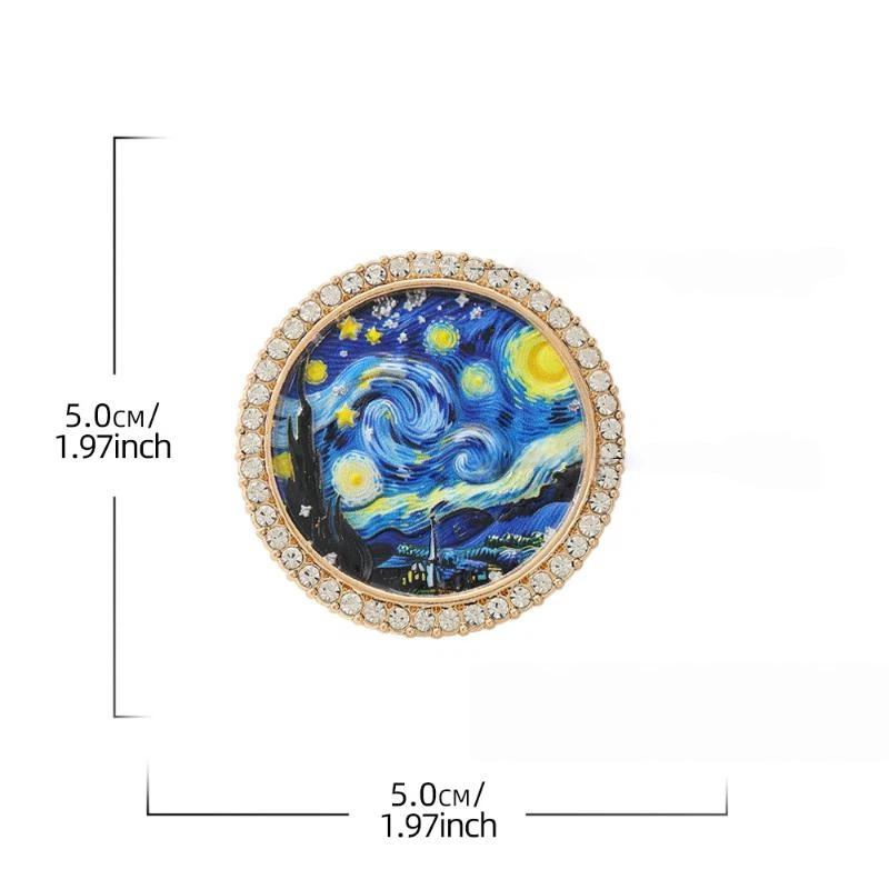 1Pcs Rhinestone Round Lapel Pin Famous Painting Brooches For Women The Starry Night And Farmer In Wheat Field Party Brooch Badge