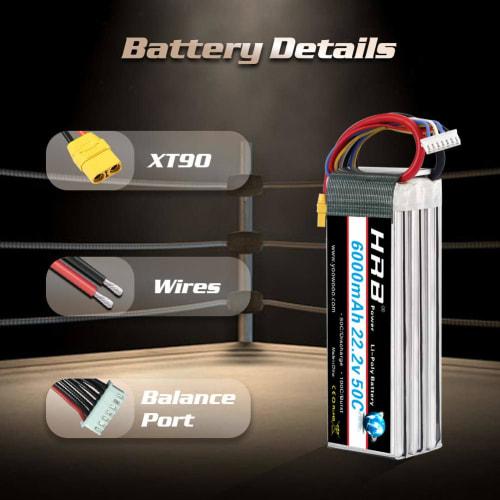 HRB 22.2V LiPo Battery, 6000mAh, 6S 6000mAh, 6-Cell XT90 50C-100C, for RC Airplanes, Helicopters, and Multicopters