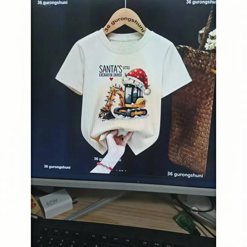 Santa'S Little Excavator Driver Graphic Printed T Shirt Girls/Boys Cool Xmas Gift Children'S Clothing Funny Solid T-Shirt Tops