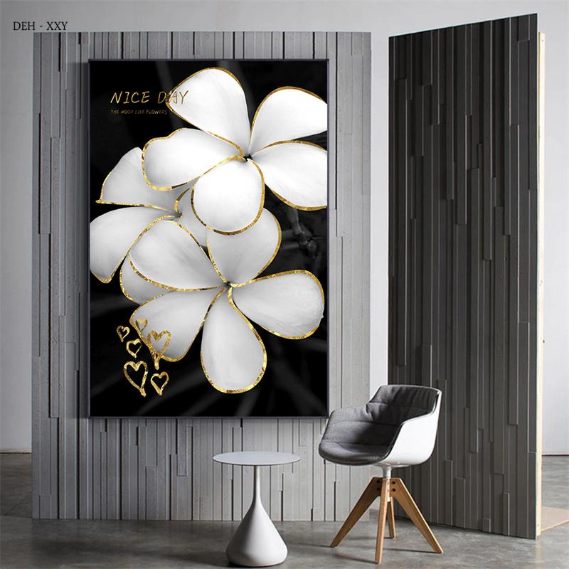 Luxury Plants White Flowers Wall Art Painting Picture Golden Art Canvas Poster Prints Nordic Flowers Art for Living Room Decor