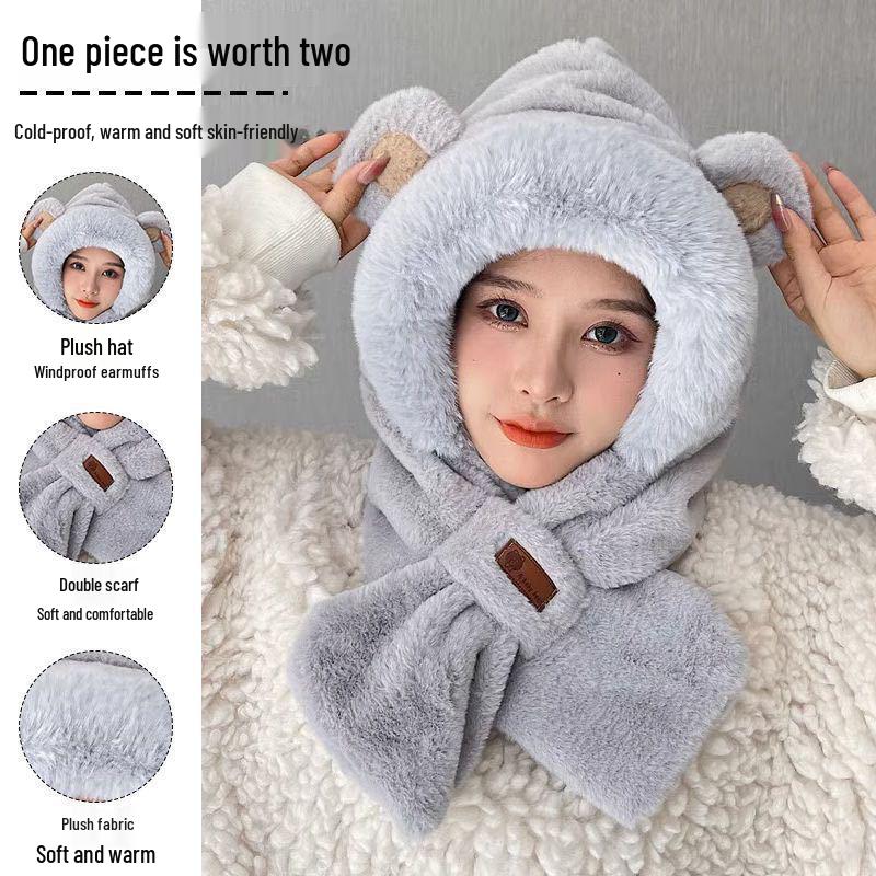 Winter Plush Hooded Bear Hat with Ear Protection & Neck Warmer for Cycling