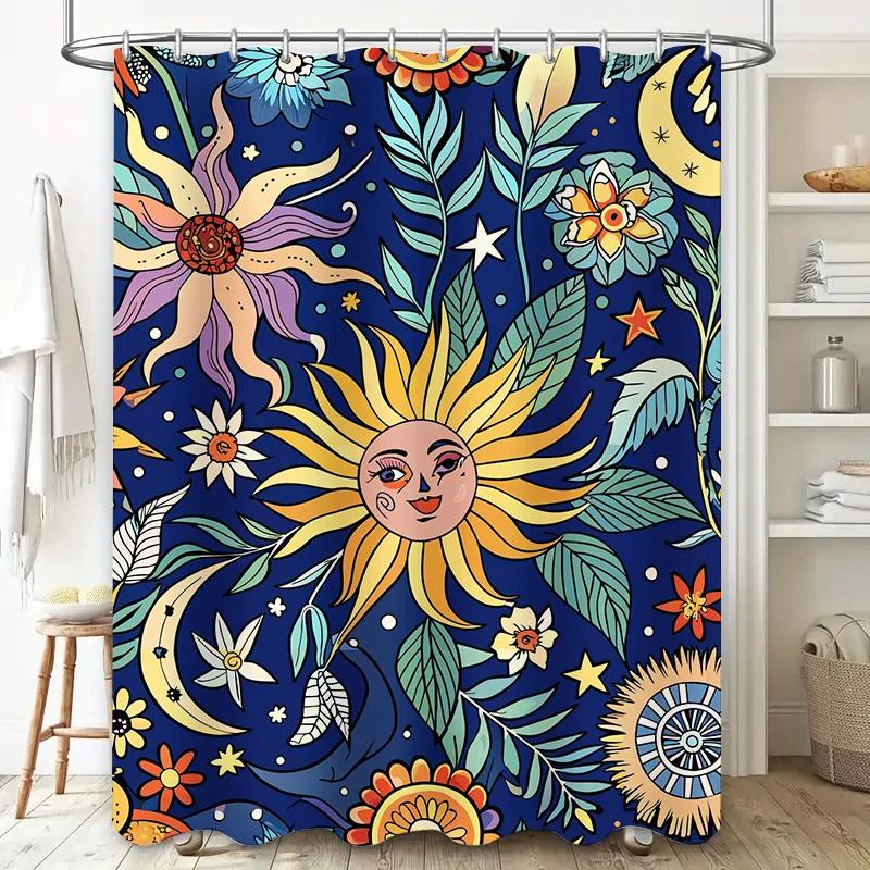 Colorful Sunflower Blue Shower Curtain for Bathroom Decor Floral Print Fabric Waterproof Bath Mat Cover