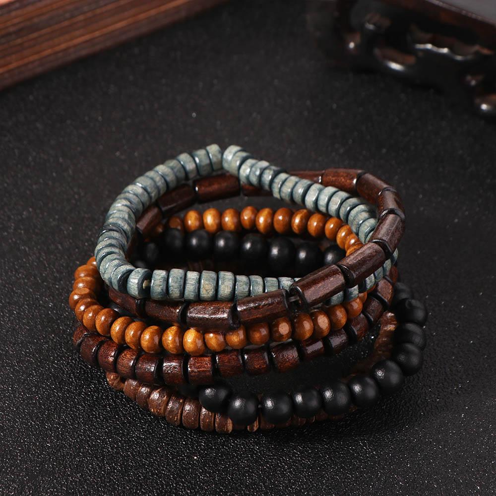 5pcs/set Punk Natural Wood Bracelet New Design Men's Bangle Vintage Wood Beaded Bracelet  Gift