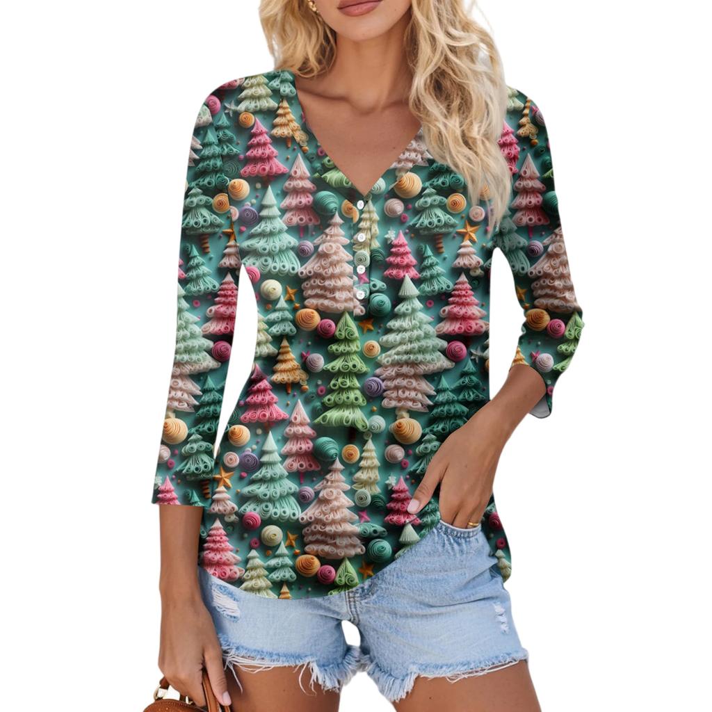 Women's Casual Fashion Sexy Comfortable Christmas Print V-Neck Button Three-quarter Sleeve Top