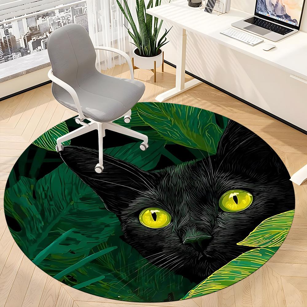 1PC Black Cat, Jungle Office Round Area Rug, Indoor Mat Suitable ForOffice, Under Office Chairs Bedroom Living Room Home Decor, Room Deco g089