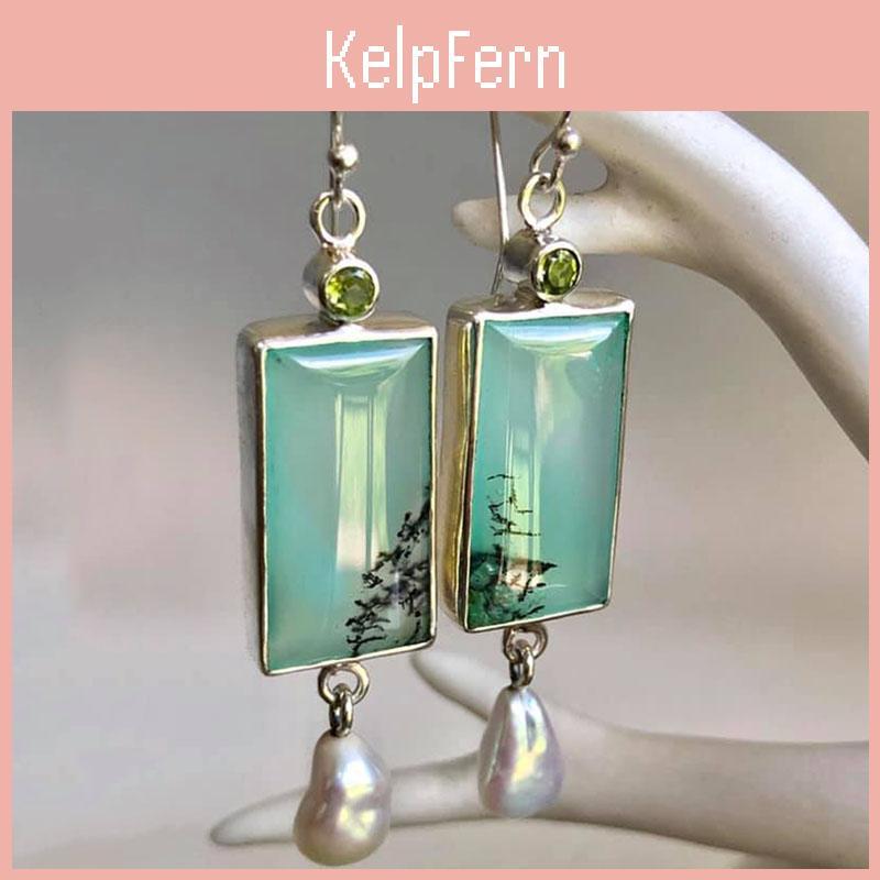 Stone Square Opal Green Vintage Dangle Earrings For Women Ethnic Copper Color Round Stone Pearl Earring Party Jewelry