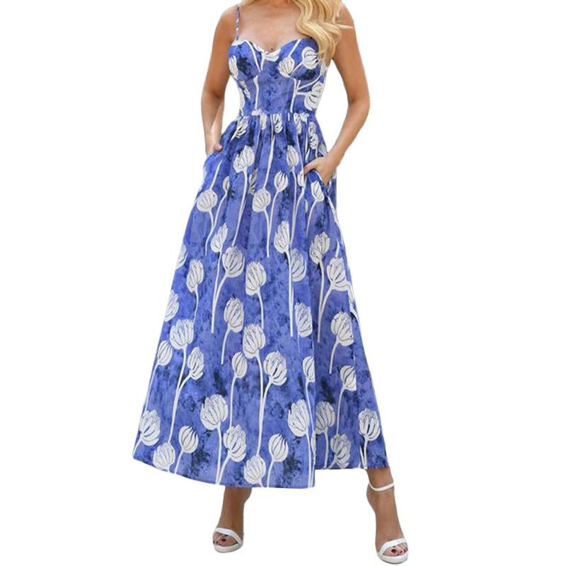 European and American women's summer printed spaghetti strap high-waisted mid-length dress