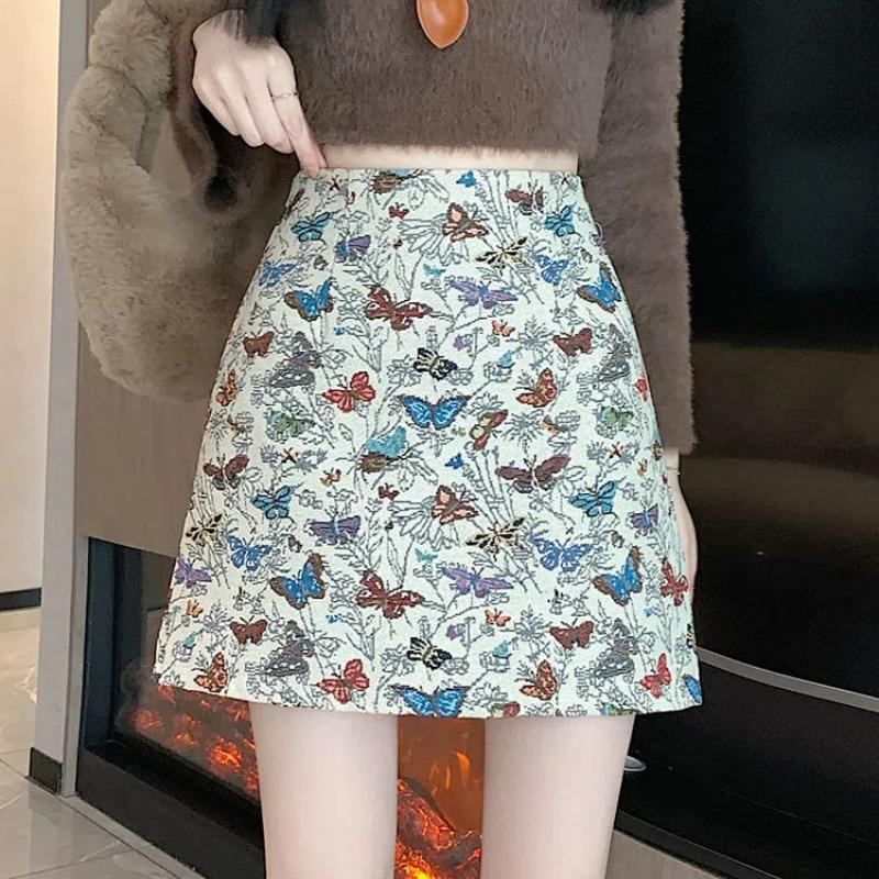 Women Stylish Vintage Butterfly Embroidery Jacquard A-line Skirt Streetwear Y2K Harajuku High Waist Sweet Chic Slim Mini Skirts