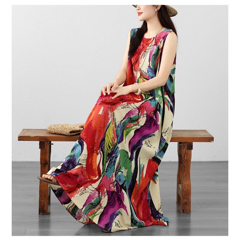 DIMANAF Nuovo 2026 Donna Taglie Forti Estate Spiaggia Signora Abito Lungo Canotta Senza Maniche Ampio Oversize Maxi Stampa Floreale Vestito Estivo Abbigliamento