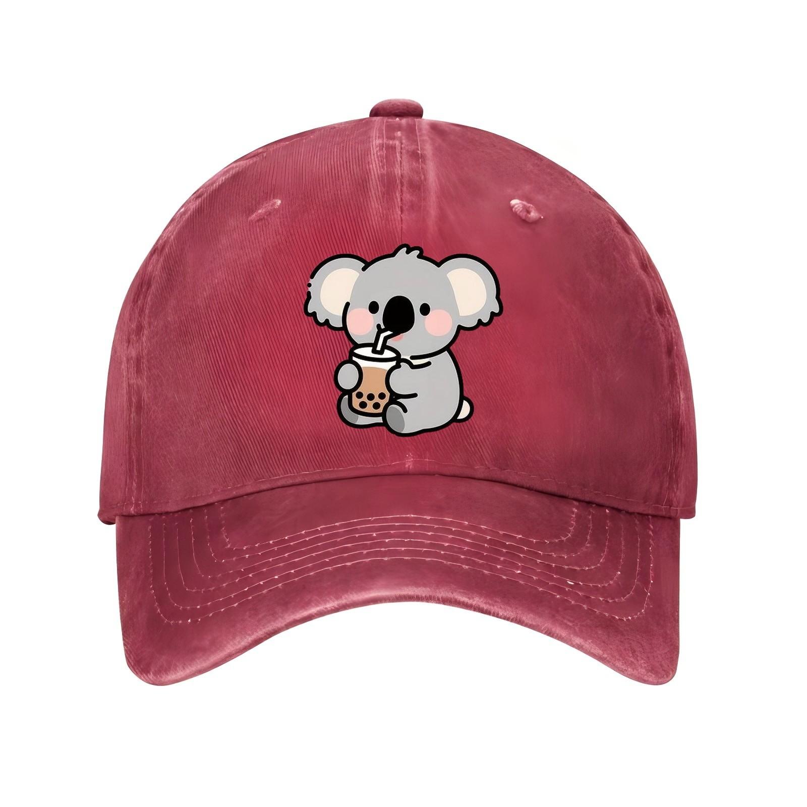Cute Koala Drinking Boba Milk Tea Baseball Cap Adjustable Cotton Casual Summer Hat Unisex One Size