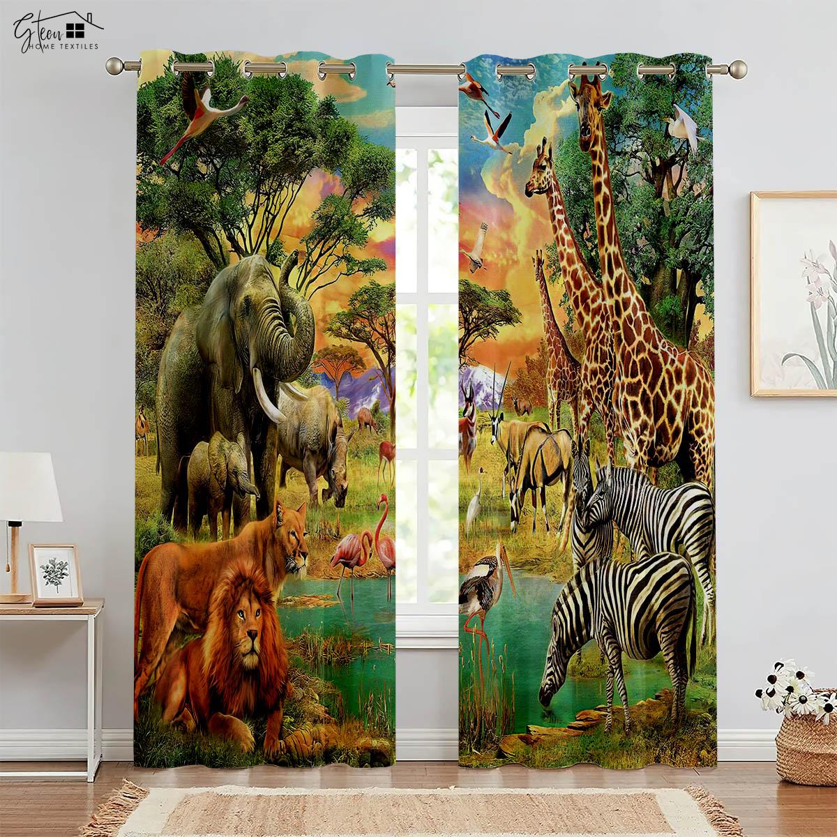 

Animal 3D Printed Drapes Lion Beauty Bear Tiger Giraffe Zebra Elephant Pet Dog Cat Children Kids Decor Curtains W50xH130(CM)x2PCS&Rod pocket
