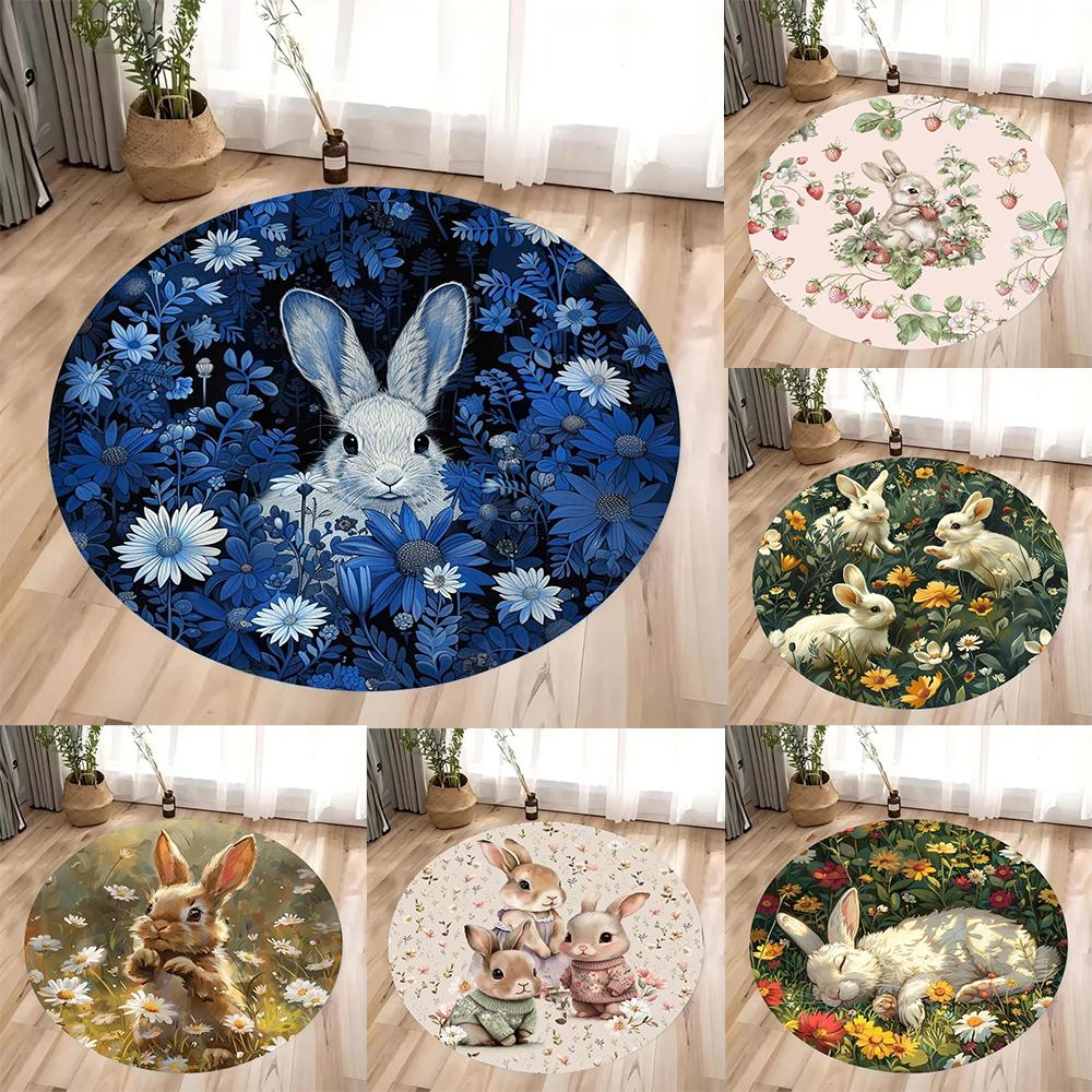 Vintage and Adorable Round Rabbit Carpet Bohemian-style Country American Carpet Easter Egg Rabbit Area Non-slip Mat